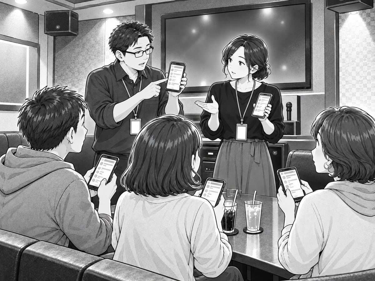 運営メンバーがスマホを見せながら、初参加の人に当日の流れを説明している様子
